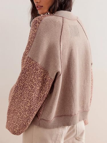 Image of Women's Casual Leopard Print Jacket Crew Neck Long Sleeve Loose Fit Button Coat Fall Trendy Bomber Cardigan