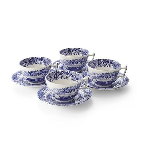 Spode x Blue Italian Set of 4 Teacups and Saucers - Elegant Tea Cups and Saucers Featuring The Iconic Blue and White Design and 18th Century Imari Oriental Border Made in England