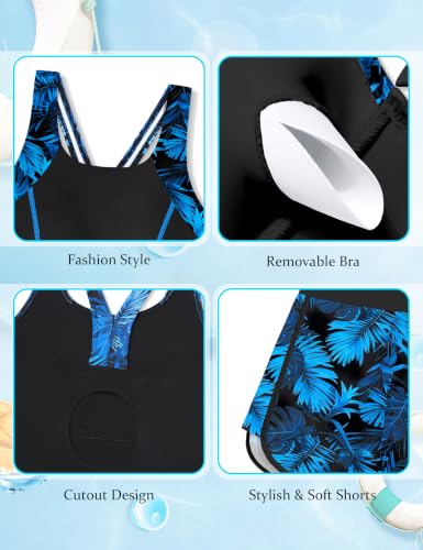 Image of Girls Swimsuit One Piece Swimsuits Color Block Bathing Suit for Girls Adjustable Strap Padded Swimwear with Shorts