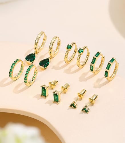 14K Gold Plated Hoop Earrings for Women 6 Pairs Emerald Green Earrings Dainty Small Hoop Earrings Stud Earrings Sets for Multiple Piercing 5