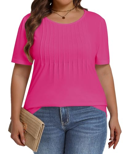 Image of Plus Size Tops for Women Pleated Summer Top Trendy Short Sleeve Shirts Casual Basic Tee Crew Neck Blouses 2026
