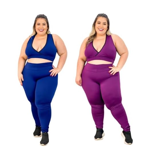 Kit 2 Conjuntos Fitness Feminino Plus Size Calça Legging e Top Roupa Academia Marinho e Roxo XGG
