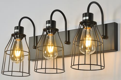 Image of Bathroom Light Fixtures, 3-Light Wall Sconce with Metal Cage, Farmhouse Vanity Light, Black Anti-Rust Wall Lamp for Mirror, Cabinets, Kitchen, Living Room, Workshop, Bedroom