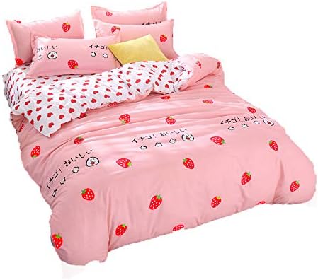 Girls Strawberry Bedding Set- Kids Reversible Red Strawberry Pattern & Pink Cover,Breathable(4Pcs -1 Duvet Cover Set + 1 Flat Sheet + 2 Pillowcases) (Queen, Strawberry)