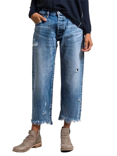 Flamingals Straight Leg Mid Rise Ripped Wash Raw Hem Casual Denim Bootcut Barrel Pants