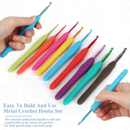 Image of Rainbow Crochet Kit for Beginners, 9-Piece Ergonomic Crochet Hooks with Yarn Balls, Stitch Markers, Plastic Sewing Needles & Scissors - Complete Knitting & Crochet Starter Set (rainbov color hook kit)