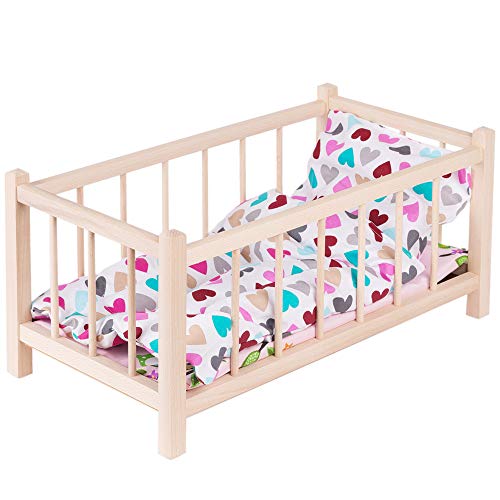GOLDKIDS Puppenbett Spielzeug Holzspielzeug Naturholz mit Textilausrüstung Bettwäsche Matratze Kopfkissen Bettdecke Bett für Puppen Cover