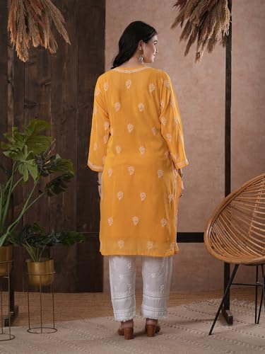 Image of Ada Lucknow Chikankari Hand Embroidered Faux Georgette Kurta Kurti Tunic Dress for Women A95504