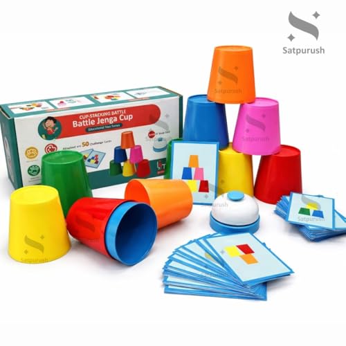 Image of Satpurush Battle Jenga Cup Stacking Game for Kids | Color Matching & Brain Development Toy | Educational Speed Game with Bell & 50 Challenge Cards | Age 3+ | Multiplayer Family Game.