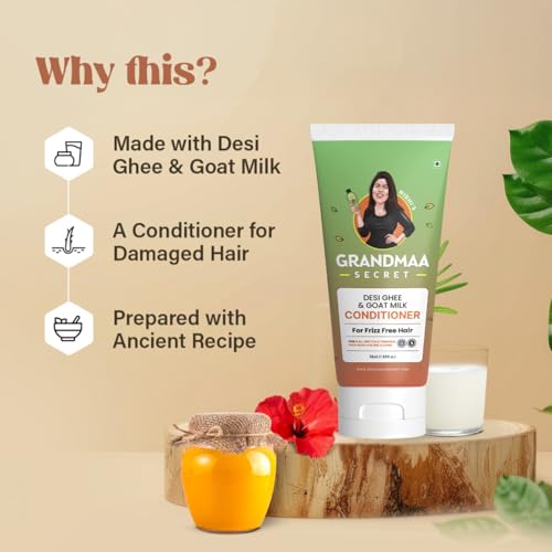 Image of NIDHI S GRANDMAA SECRET Desi Ghee and Goat Milk Conditioner for Frizzy Hair | Handmade Natural Conditioner for Dry & Damaged Hair | Controls Hair Fall | Paraben & Sulphate Free | 50mL,1 Count