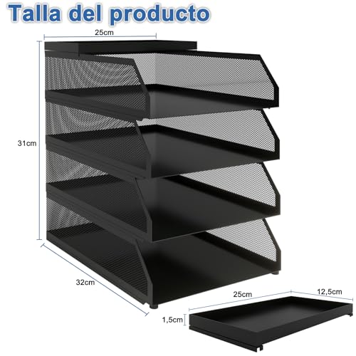 PUNCIA Bandeja para Cartas A4 Archivador de Documentos 4 Bandejas Metal Escritorio Organizador de Archivos Bandeja de Papel Almacenamiento para Oficina Sala de Trabajo Escuela Oficina Negro - imagen 2