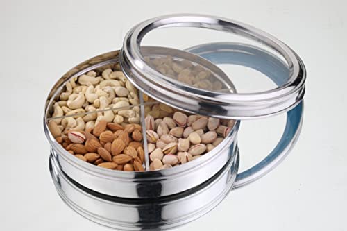 Artisenia Stainless Steel Round 4 Compartment Containers/Chocolate Dabba/Multipurpose Storage Containers With Transparent Lid | Dry Fruit Masala Spice Container #TOP18