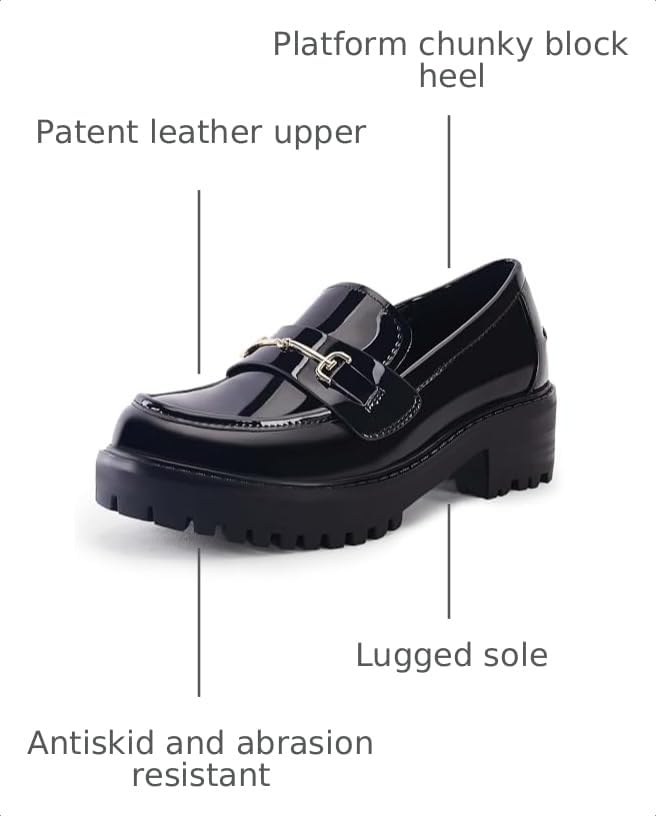 Image of VETASTE Women's Platform Chunky Heel Loafers Slip on Business Casual Shoes | Classic Closed Round Toe, Lug Sole, Work Office Uniform Oxfords, Metal Chain