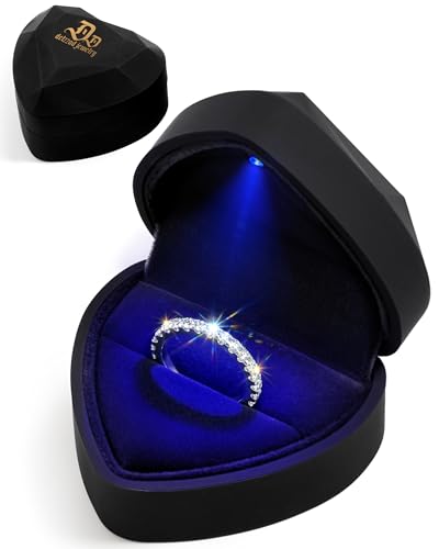 Delzzad Luxury Velvet Box with LED Light, Stud Earrings Rings Gift Box Jewelry Display Case for Proposal,Engagement, Wedding and Birthday (Black)