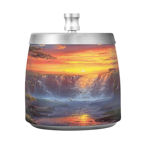 WELLDAY African Savannah Landscape Ashtray with Lid for Cigarette, Stainless Steel Smokeless Windproof Ashtrays for Home Office Tabletop Patio Outdoor
