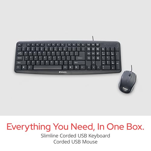 Image of Verbatim Slimline Wired Keyboard and Mouse Combo USB Plug-and-Play Numeric Keypad Adjustable Tilt Legs Optical Corded Mouse Full-Size Computer Keyboard Compatible with PC, Laptop - FFP Packaging Black