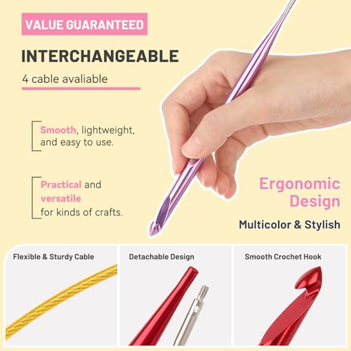 Image of Aeelike Interchangeable Tunisian Crochet Hooks Set, 12 Sizes Colorful Tunisian Crochet Hooks Set with 4 Cables 3.0mm - 10.0mm Smooth Ergonomic Hook for Making Blanket Scarves, Ideal Gift