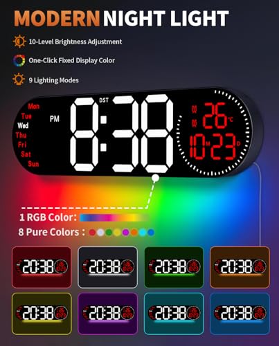 Image of 17.2 Inch Large Digital Wall Clock with 9 Color Changing Remote Control, Date Week Temperature, Auto Brightness Dimmer Big Clock Night Lights,Red