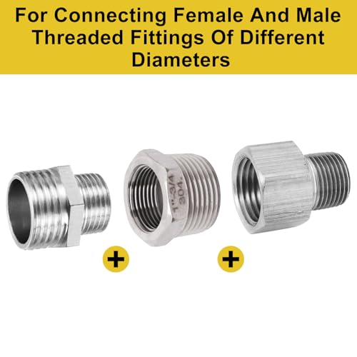S SYDIEN Reducer Hex Bushing 1\" NPT Male x 3/4\" NPT Female Threaded Pipe Fitting, 304 Stainless Steel Reducing Pipe Adapter Fitting, 4 Pack