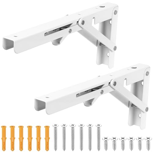 2 Pcs Escuadras Abatibles 255mm, Escuadras para Estanterias de Pared, Soporte de Estante Plegable, Soporte Estantería Plegable, Escuadra Plegable para Mesa Plegable Pared Oficina Cocina, Blanco