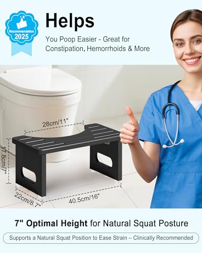 Image of Foldable Toilet Stool, 7.5 Inches Bamboo Toilet Stool Squat for Adults, Collapsible Poop Stool for Bathroom, Potty Step Stool with Non-Slip Strip
