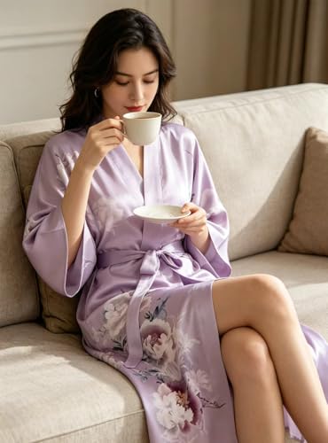 Image of Women's Classic 100% Silk Kimono Robe, Bathrobe-Printed Pattern