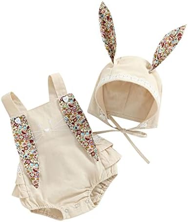 Easter Newborn Infant Baby Girl Romper Floral Bunny Ear Rabbit Pompom Jumpsuit Overalls Clothes 0-18M (Light Khaki , 12-18 Months )