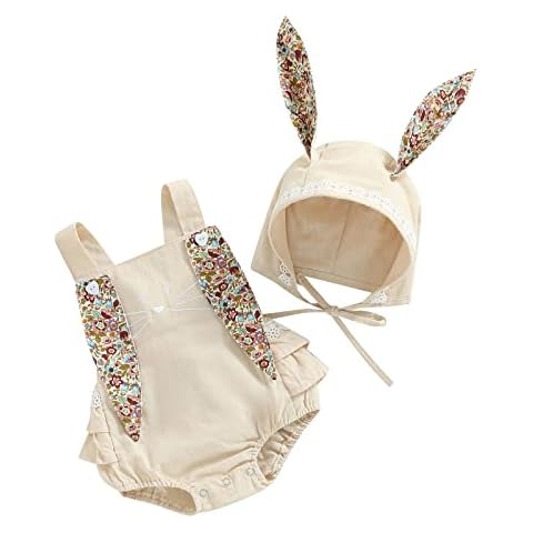 woshilaocai Toddler Baby Easter Outfits Girls Sleeveless Romper/Dress Retro Bunny Spring Matching Clothes, Cotton Linen Romper-beige, 6-12 months Cover