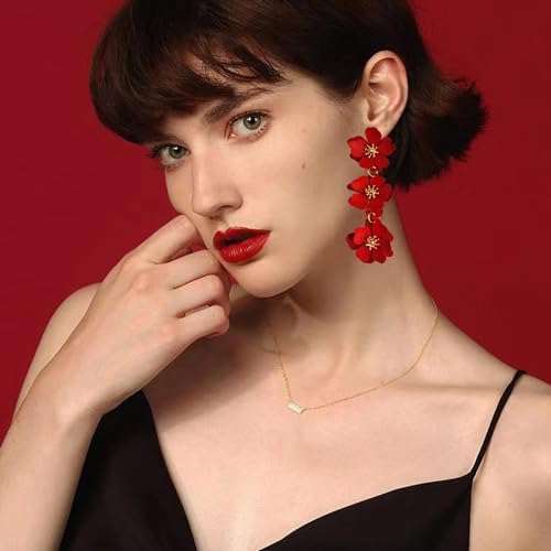 Elegant Bohemian Matte Tiered Triple Flower Dangle Drop Earrings Chic Charm Cute Long Floral Stud Earrings for Women Statement Jewelry Gifts2