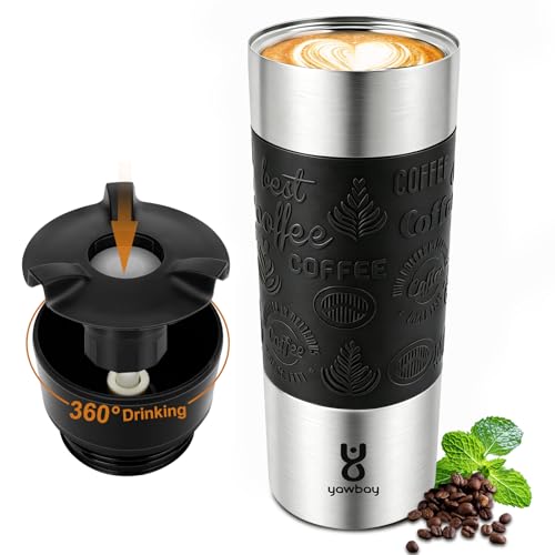 Yawbay Travel Coffee Mug with 360°Lid, Travel Coffee Tumbler 16 oz Leak Proof, Stainless Steel...