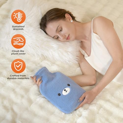 Image of Samply Transparent Hot Water Bottle- 2 Liter Water Bag with Cute Fleece Cover, Bear Blue