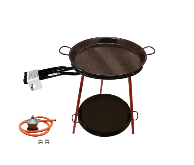 FERRETERIA LEPANTO Kit Paellero, Quemador a Gas butano, paellera acero pulido, regulador de Gas + 1,5 metros de Manguera, soporte de 3 Patas Resistentes (Esmaltada, 60 CM)