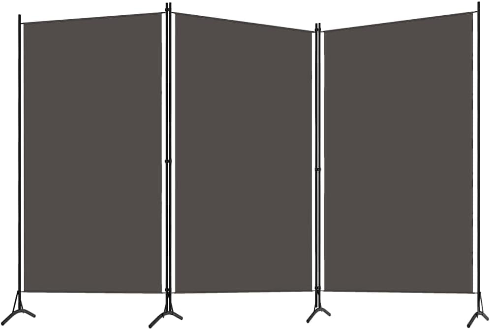 Přední view of the vidaXL 3-panel room divider, showcasing its anthracite fabric and black iron frame.
