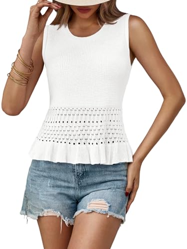 Saodimallsu Womens Crochet Crop Tank Tops Sleeveless Crew Neck Ruffle Summer Boho Knit Sweater Vest2