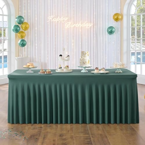 Hunter Green Tovaglia rettangolare in spandex, 1,8 m, con gonna, senza pieghe, per tavolo rettangolare da 1,8 m, con volant elastici, per banchetti, feste, matrimoni, compleanni