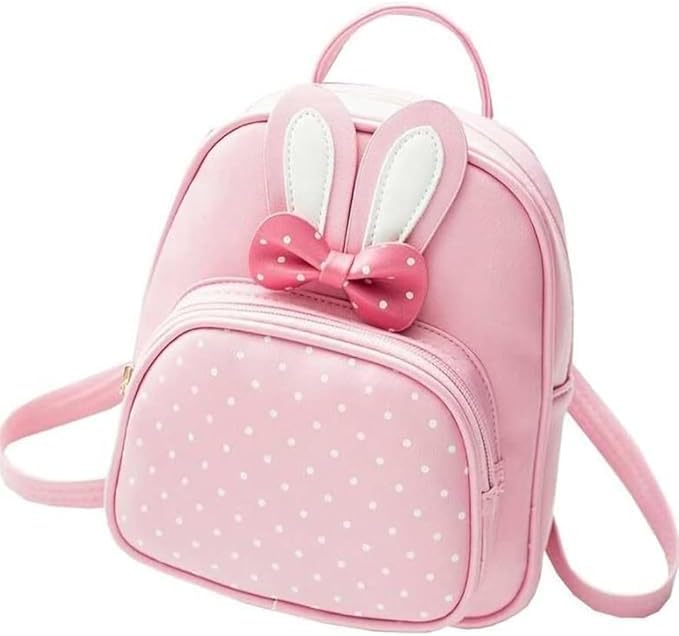 Cute Bunny Mini Backpack, Pink Polka Dot Pattern with Bow, Girls Fashion School Bag