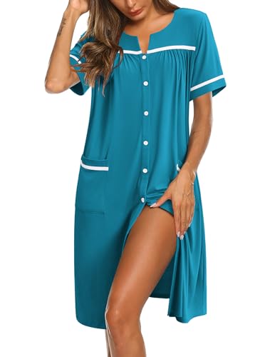 Image of Ekouaer Nightgowns for Women House Dress with Pockets Button Down Sleepshirt Short Sleeve Nightshirt Housecoat