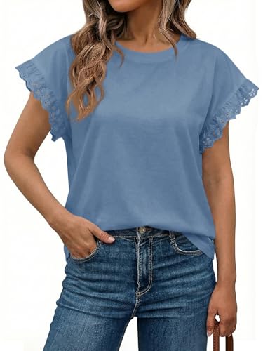 Image of Tankaneo Womens Summer Crewneck T-Shirts Lace Cap Sleeve Tops Dressy Casual Loose Fit Work Basic Tees Outfits 2026