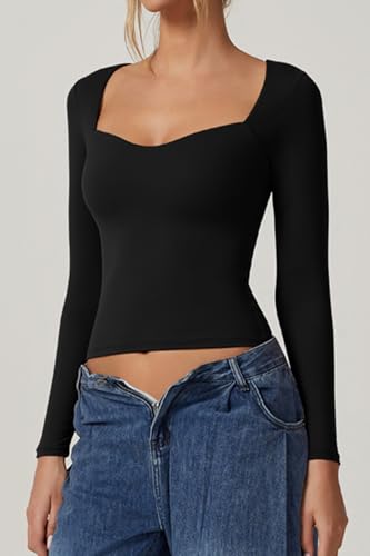 QINSEN Womens Slimming Fit Sweetheart Neck Long Sleeve Basic Crop Tops Stretch Going Out Tee Shirt2