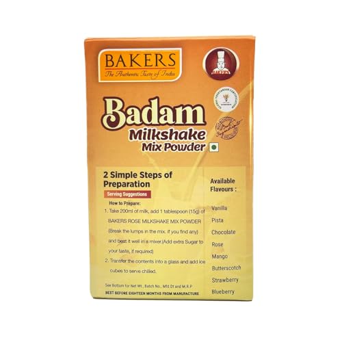 Image of BAKERS Milk Shake Mix Powder - Badam Flavor (100g x 4, 400g) | Instant Thick & Creamy Shake Mix | Rich & Delicious Dessert Drink | Ready to Mix with Milk | No Preservatives |Ready in 30 Sec