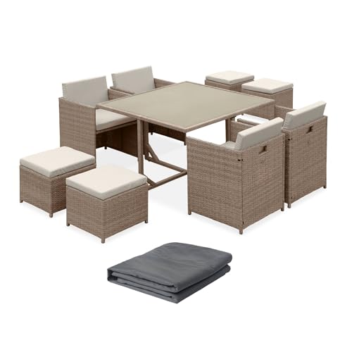sweeek - Table de Jardin encastrable résine tressée + 8 assises + Housse de Protection Coussins Beige. Table encastrable