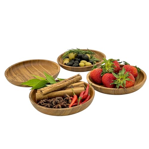 Acacia Round Wood Plates, Set of 4, 6 In, Snack, Dessert, Appetizer Plate