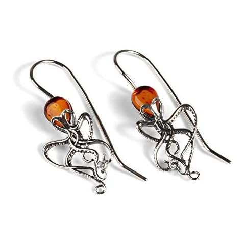 Octopus Earrings in Amber and Sterling Silver, Octopus Jewellery, Sea Life Jewerly, Holiday Earrings Summer Earrings, Amber Earrings Cover