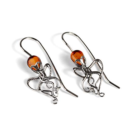 Boucles d'oreilles en forme de pieuvre en ambre et argent sterling, bijoux en forme de pieuvre