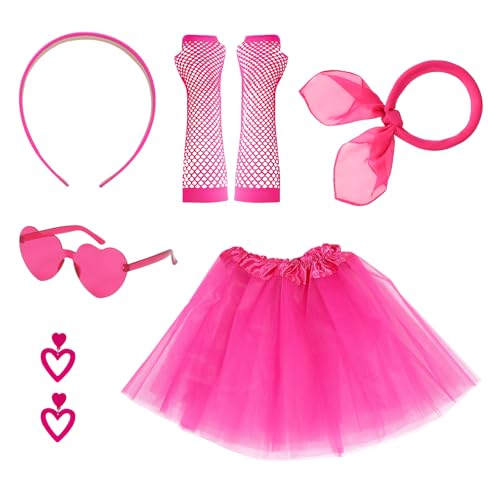 Complementos disfarce anos 80 90 mulheres, saias de tule, brincos coração óculos, luvas de malha rosa, acessórios disfarces rosa para carnaval e festas, 0-6 Meses, Tamanho único