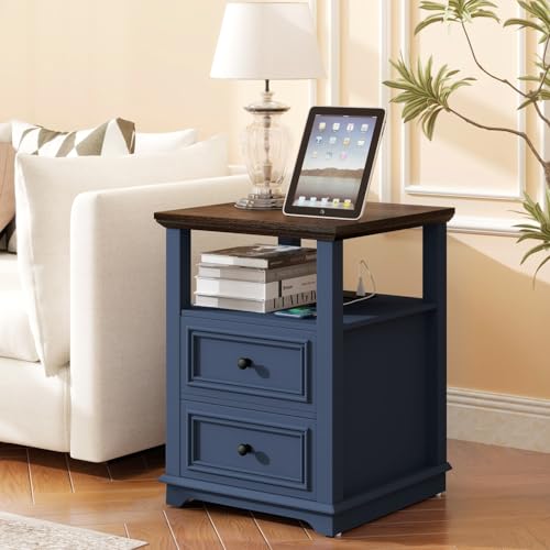 MUUEGM Farmhouse Nightstand 18” Blue End Table with Charging Station Rustic Wood Tall Bedside Table with 2 Drawers Storage Small Dresser Open Shelf for Bedroom, Living Room, Closet