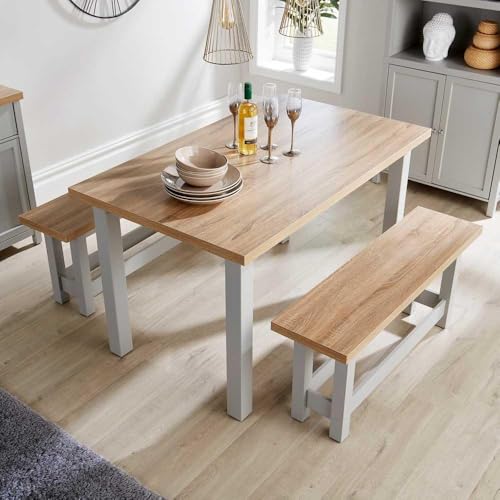 Home Source Kitchen Dining Table Set, 2 Benches, Oak Effect, Grey