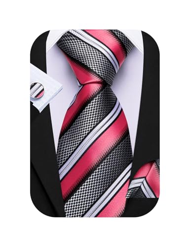Barry.Wang Tie Sets for Men Silk Stripe Necktie Woven Checkered Handkerchief Cufflinks Formal Business Wedding
