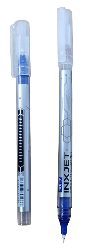 Image of Doms Inxjet Roller Pen-Blue Ink-Pack of 10| 0.5mm Needle Tip, Precision Ink Regulator, Visible Level| Comfortable Grip For Long & Smooth Writing| Sterdy Pocket Clip