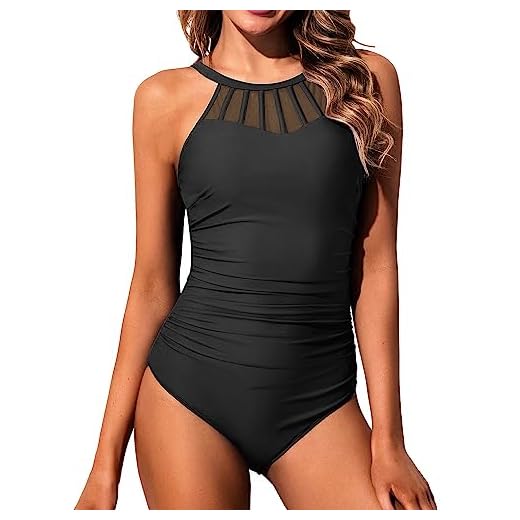 Holipick Solid Black Women High Neck One Piece Swimsuit Tummy Control Halter Slimming Bathing Suit Mesh Swimwear for Teen Girls M(US 8-10)